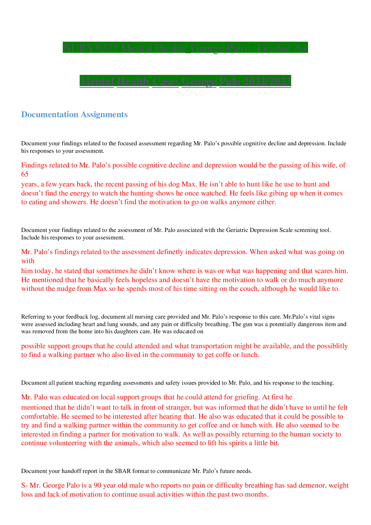 Preview image for George Palo_Mental Health 2022/2023 | NURS 9222 Mental Health_George Palo – Graded A+